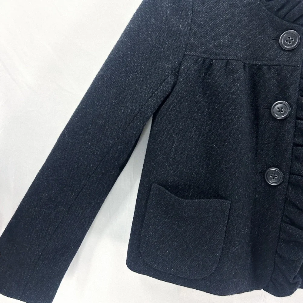 Y2K J. Crew Fiona 100% Wool Heathered Grey Cropped Ruffle Jacket Size 2 - Picture 4 of 7